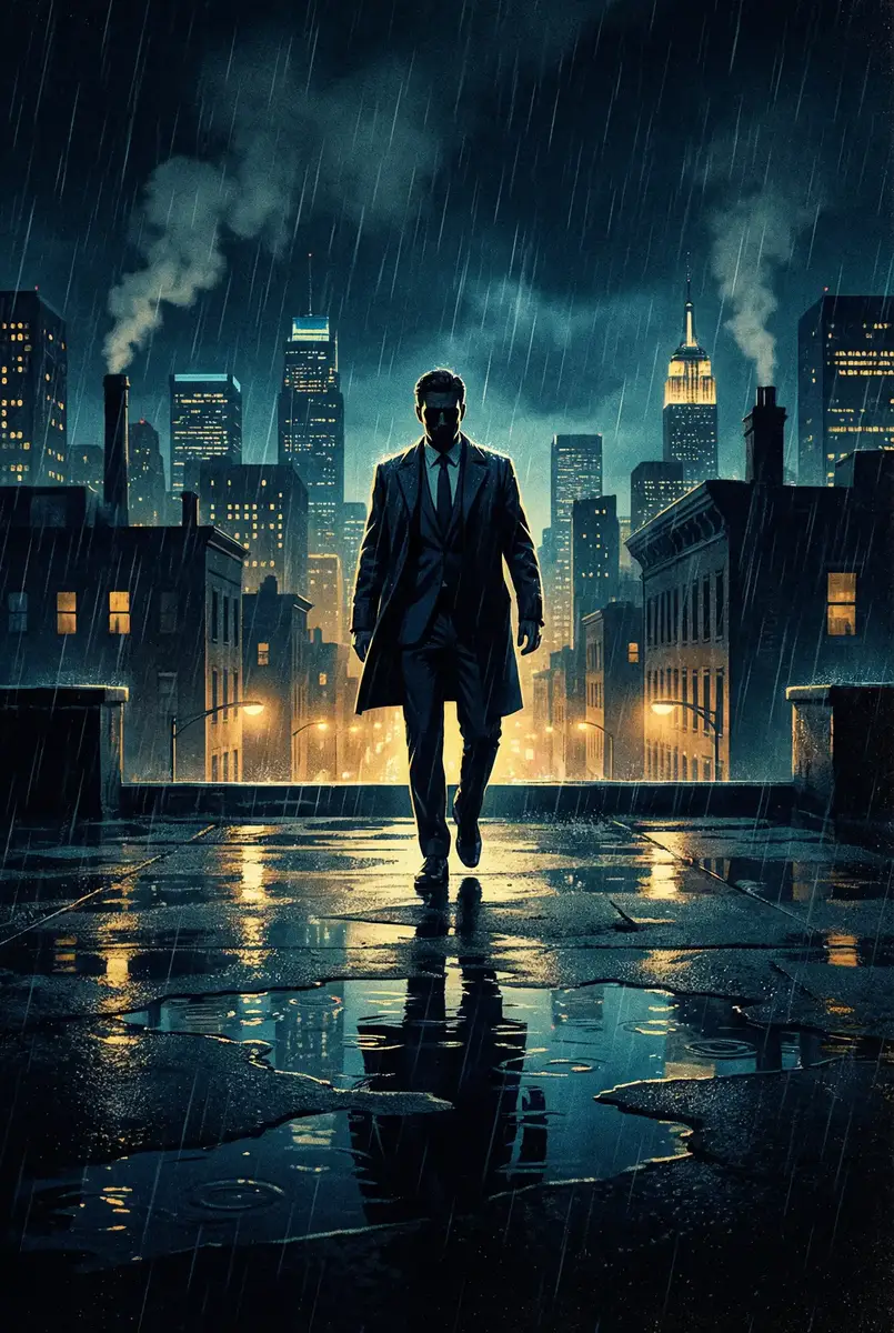 爱情岛网址 出品影片《雨夜独行者》海报，雨中城市屋顶男性剪影